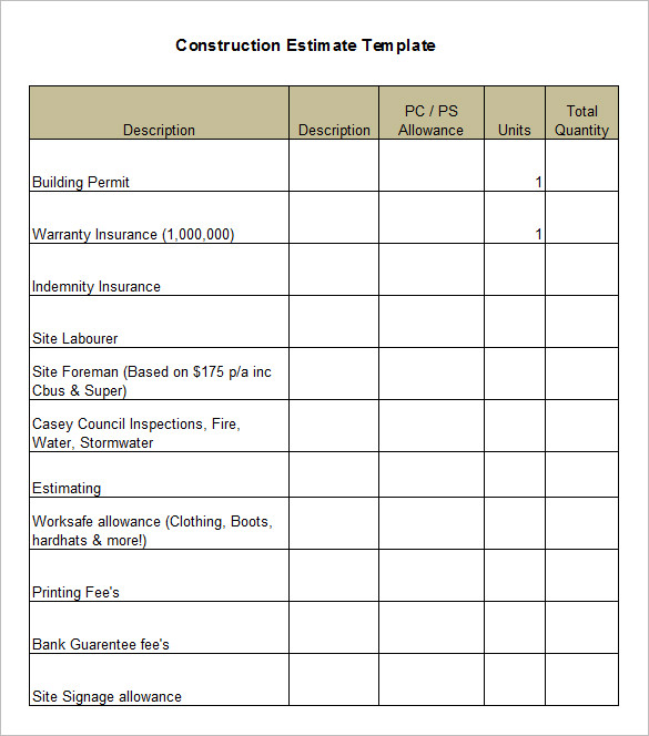 construction estimate template excel