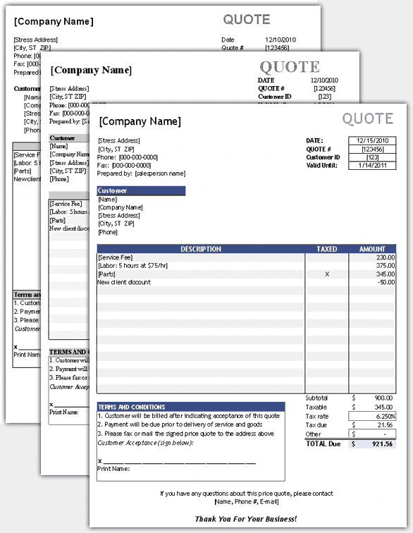 Construction work quote template