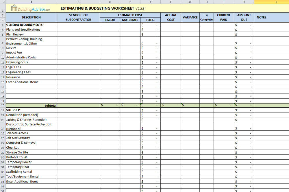 construction estimate template excel