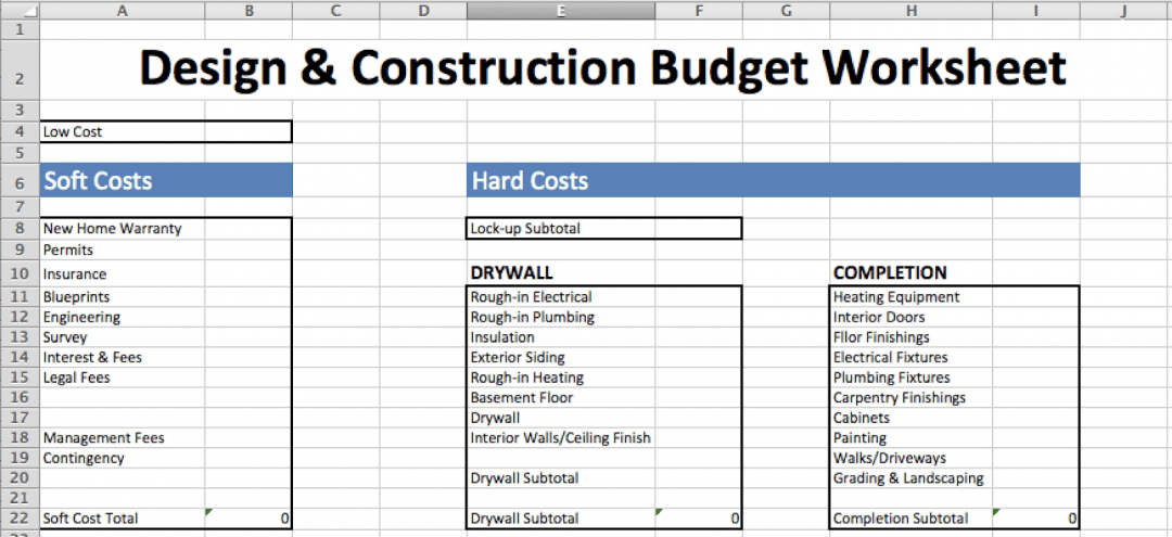 Construction soft vs. hard costs template